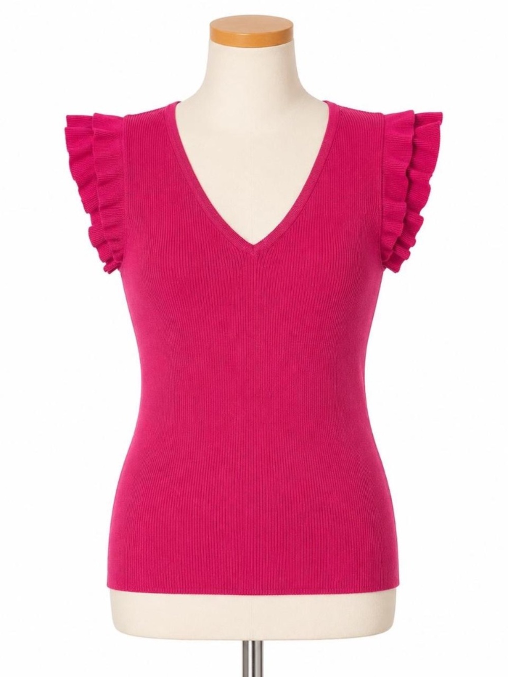 V-Neck Ruffle-Sleeve Ribbed Knit Top - Picture 6 of 6